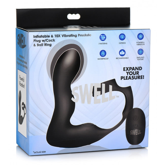 Swell Inflatable & Vibrating Prostate Plug + Cock & Ball Ring Remote Control Black