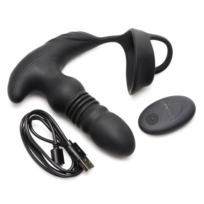 Thunderplugs 10X Thrusting Silicone Vibrator with Cock & Ball Strap & Remote Black