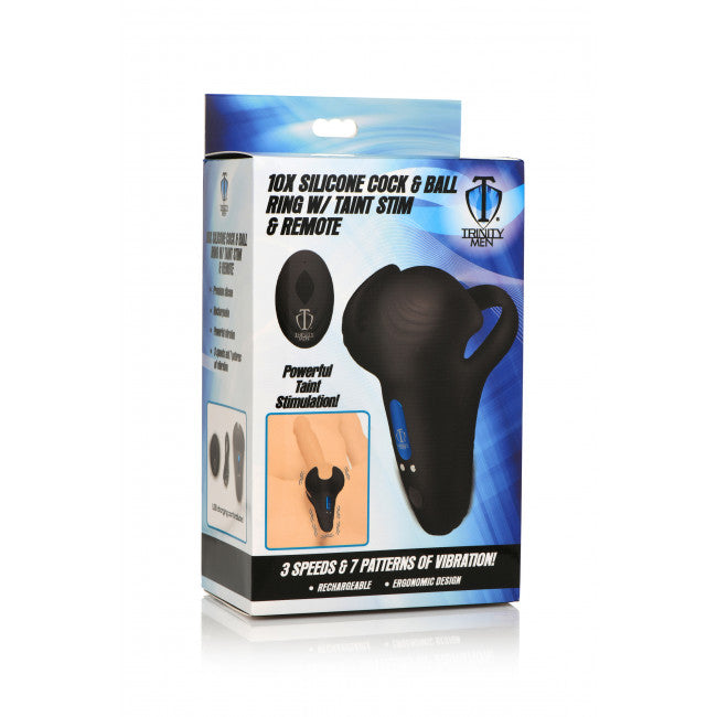 Trinity Vibes 10X Silicone Cock & Ball Ring with Taint Stim & Remote Control Black