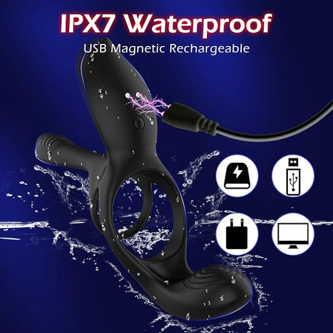 SuperLove Vibrating 3in1 Cock Ring for Couples with Remote Black