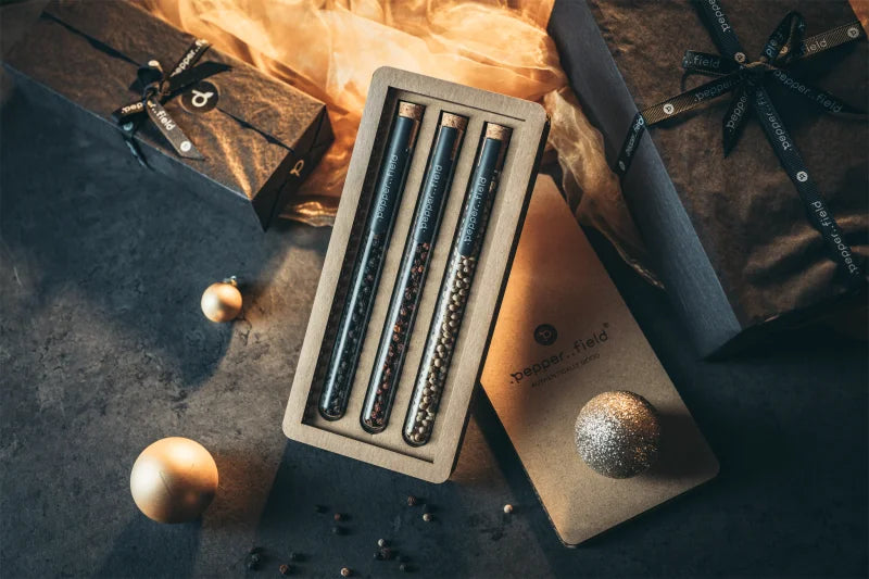 .pepper..field Set of test tubes with Kampot pepper in a box