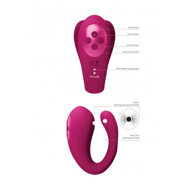 Vive Yoko Triple Action Vibrator Dual Prongs with Clitoral Pulse Wave Pink