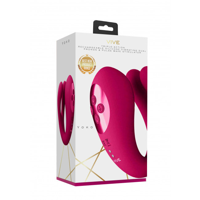 Vive Yoko Triple Action Vibrator Dual Prongs with Clitoral Pulse Wave Pink