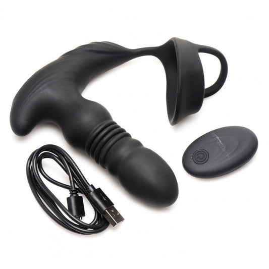 Thunderplugs 10X Thrusting Silicone Vibrator with Cock & Ball Strap & Remote Black
