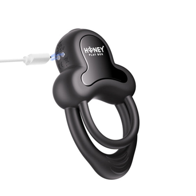 HoneyPlayBox Anello App-Controlled Vibrating Double Cock Ring with Clitoral Stimulator Black