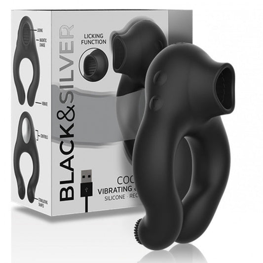 Black & Silver Cock Ring Vibrating & Licking Silicone Rechargeable Black