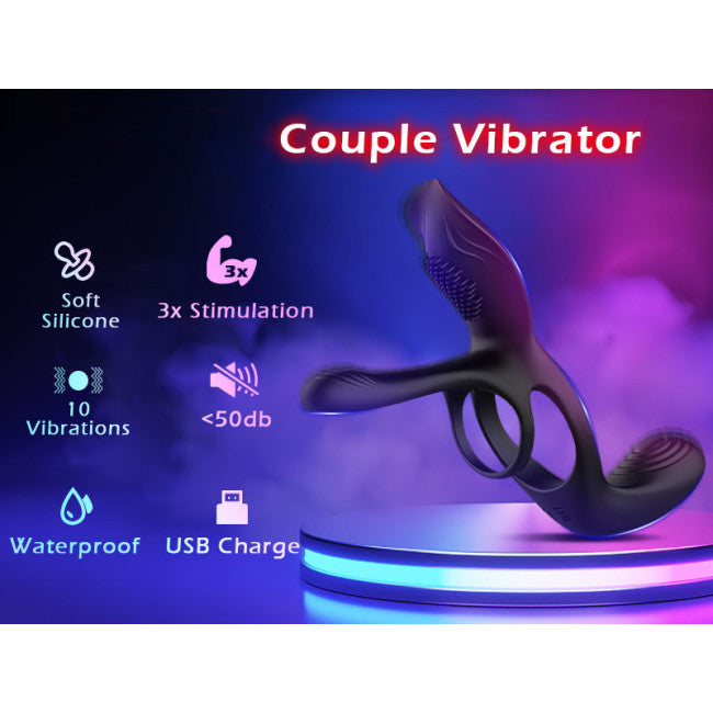 SuperLove Vibrating 3in1 Cock Ring for Couples with Remote Black